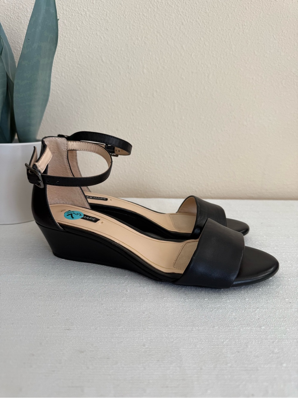 Alex Marie Black Leather Ankle-Strap Wedge Sandals
